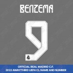 Benzema 9 (Official Real Madrid FC 2021/22 Away / Third Cup Competition Name and Numbering)